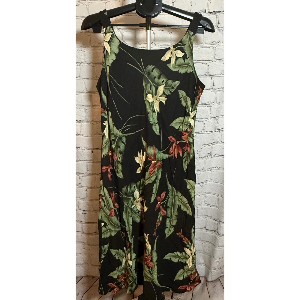 Coldwater Creek Black Tropical Floral Palm Leaf Rayon Sleeveless Midi Dress L